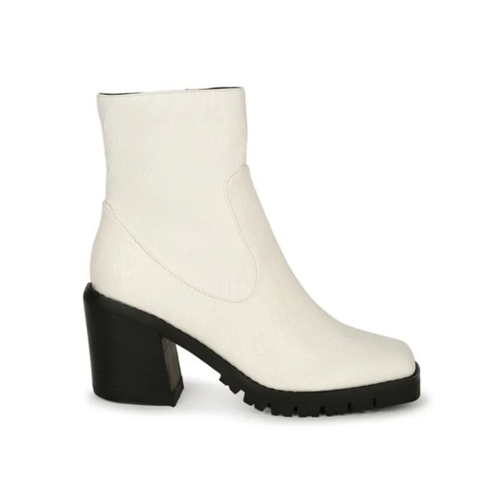 White Chunky Heel Ankle Boots